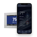 Smart thermostat display and mobile app interface showing temperature settings, humidity levels, and scheduling options for HVAC control.