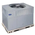 Packaged heat pump unit by Carrier, designed for outdoor installation, showcasing efficient heating and cooling capabilities suitable for townhomes and condos.