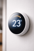 Smart thermostat displaying a temperature of 23°C, mounted on a wall, representing modern HVAC technology for optimal home comfort and energy efficiency.