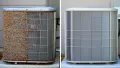 Air conditioning unit comparison showing one side heavily dirty and rusted, while the other side is clean and well-maintained, illustrating the importance of regular maintenance for optimal HVAC performance in West Chester.