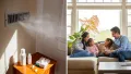 Indoor air quality solutions: A family enjoys a healthy home environment. Air vent with dust, showing the importance of clean air.