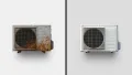 Comparison of a rusty, worn-out air conditioning unit and a clean, modern air conditioning unit, illustrating the importance of maintenance for optimal HVAC performance.