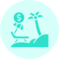 Icon representing paid time off, featuring a dollar sign on a beach umbrella next to a palm tree and lounge chair, symbolizing benefits and relaxation for employees at Precision Air Heating & Cooling.