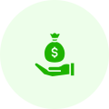 Green icon of a hand holding a money bag, symbolizing guaranteed overtime pay and financial rewards in HVAC careers at Precision Air Heating & Cooling.
