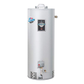 Gas water heater with a sleek silver design, featuring a safety label and control panel, representing reliable hot water solutions for residential needs in West Chester, PA.