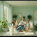 Family enjoying clean air at home with air purifiers. Happy family in West Chester, PA living room. Air purification for healthy indoor environment.