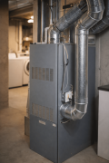 Heating system in a basement with ductwork, representing HVAC maintenance and repair services by Precision Air in West Chester, Pennsylvania.