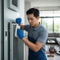 HVAC technician cleaning air conditioner filter. Air conditioning maintenance helps improve air quality. West Chester, PA HVAC service.