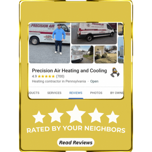 Precision Air Heating and Cooling review showcase with a 4.9-star rating, featuring a smiling technician, service vehicles, and customer testimonials, emphasizing trusted HVAC services in Pennsylvania.