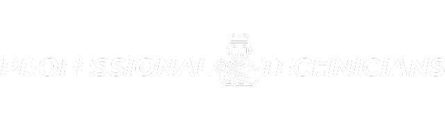 Professional Technicians logo. White text on black background with a technician icon in the middle. West Chester, PA experts.