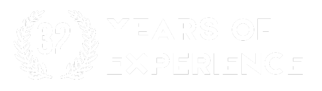 32 Years of Experience. Image shows the number 32 surrounded by laurel leaves, followed by the words Years of Experience in white text.