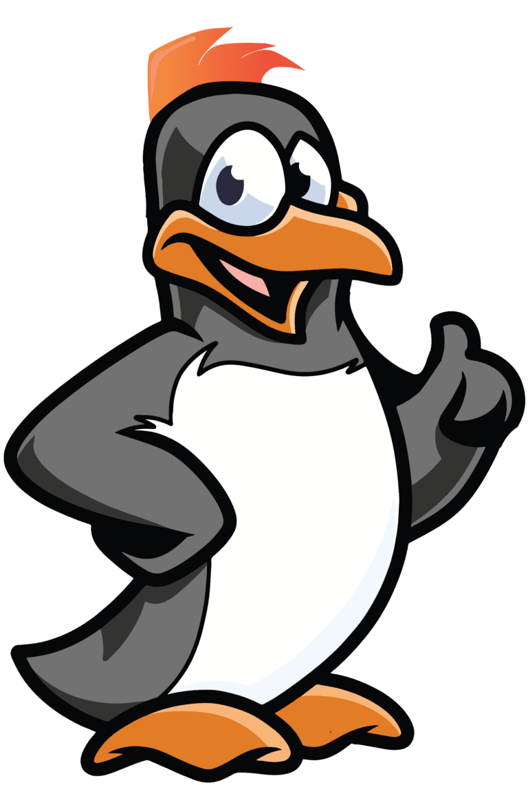 Cartoon penguin with orange tuft and beak giving a thumbs-up. Home services mascot with a friendly expression.