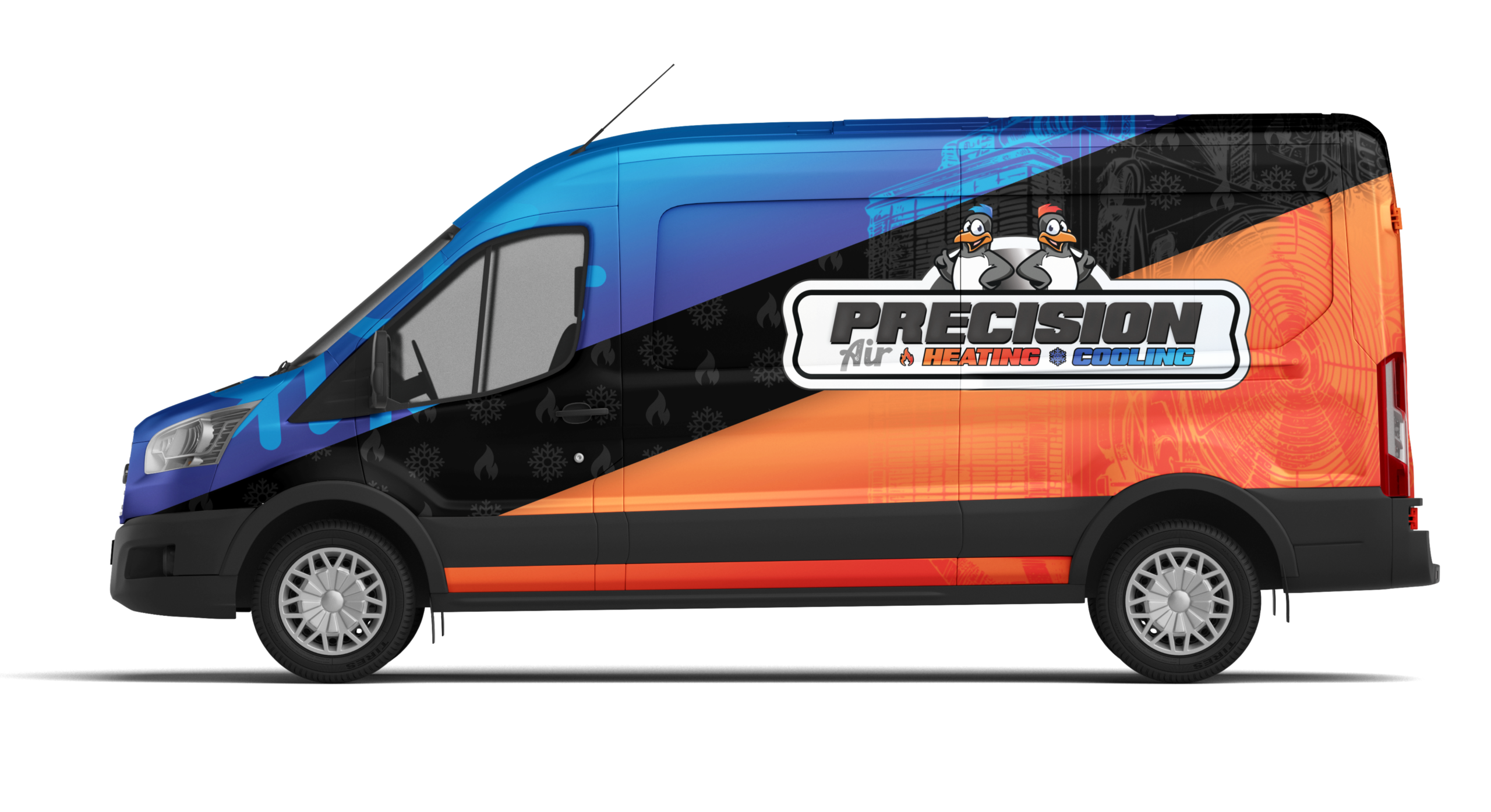 Precision Air & Heating van with penguin logo. HVAC service vehicle graphic wrap. Home comfort solutions in West Chester, PA.