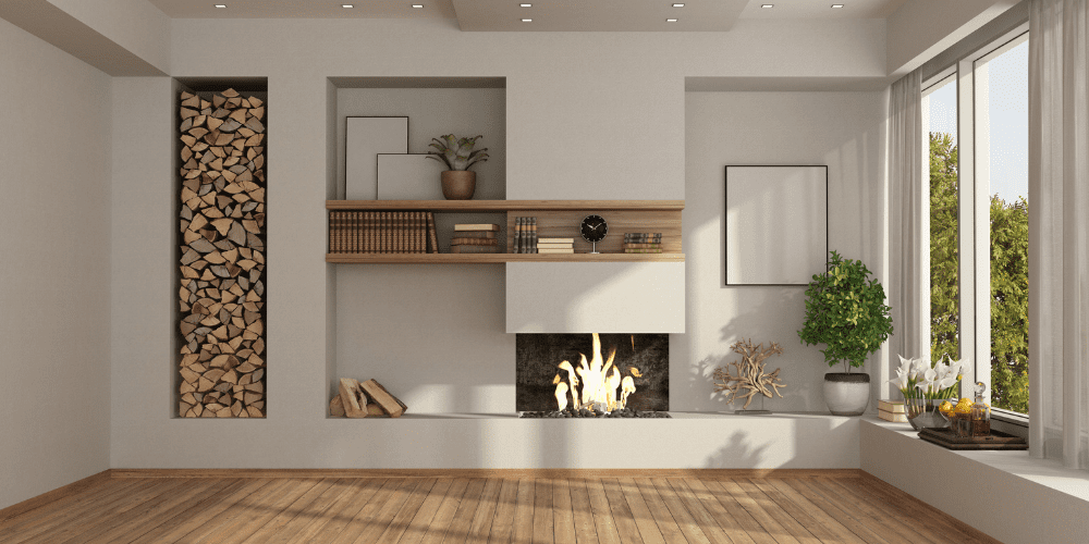 Fireplace in a modern living room, perfect for how to keep your house warm on a snowy day. Wood is stacked beside the fireplace.