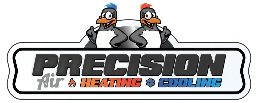 Precision Air Heating and Cooling logo with two penguins, for single-stage vs two-stage vs inverter heat pumps and AC systems.
