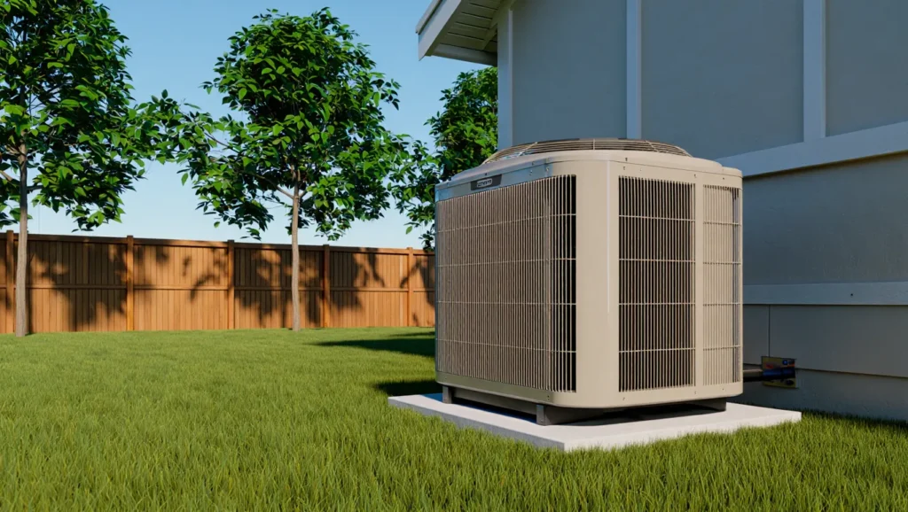 Outdoor air conditioning unit surrounded by green grass and trees, emphasizing HVAC maintenance and preparation for summer heat in West Chester.