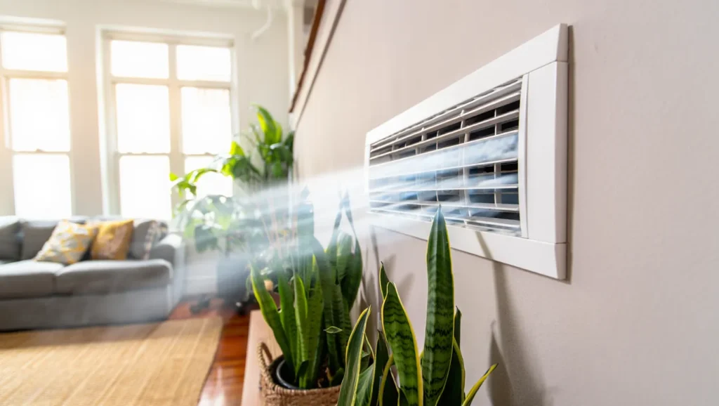 Air conditioning vent blowing cool air in a modern living room with indoor plants, highlighting the importance of maintaining HVAC systems for indoor air quality in West Chester.