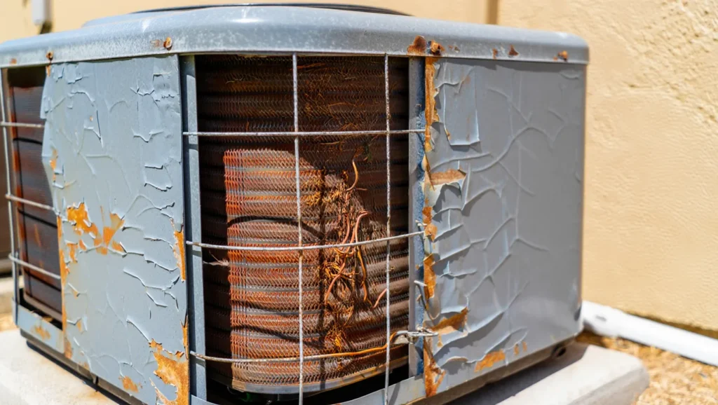 Old and rusted air conditioning unit showing signs of wear and damage, illustrating the need for replacement in West Chester, PA.