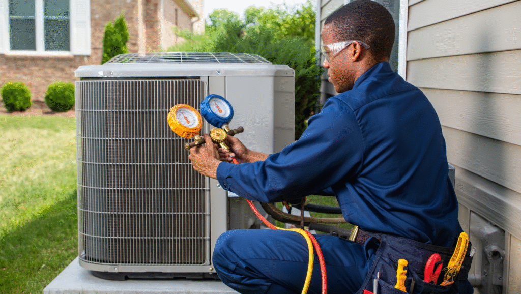 Air conditioning repair technician checking gauges. AC repair secrets for West Chester residents.