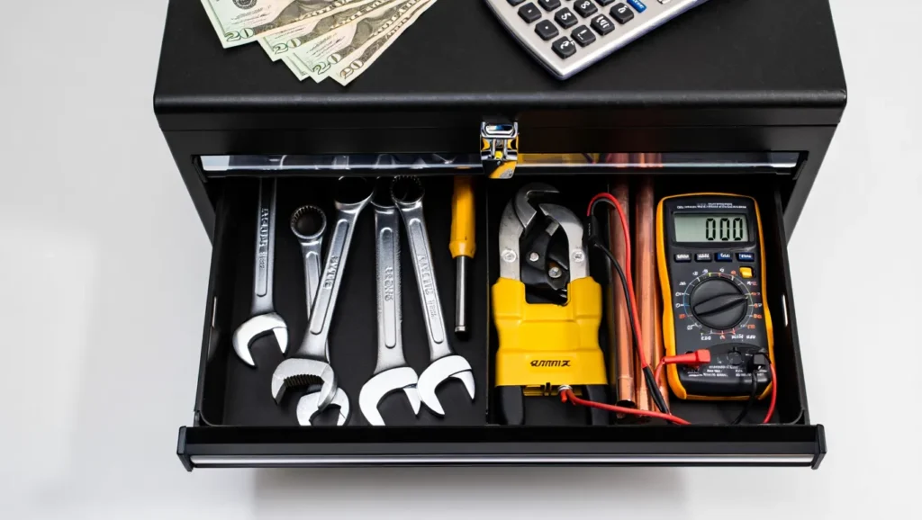 Tool drawer containing wrenches, pliers, a multimeter, and cash, illustrating essential HVAC tools for maintenance and repair services.