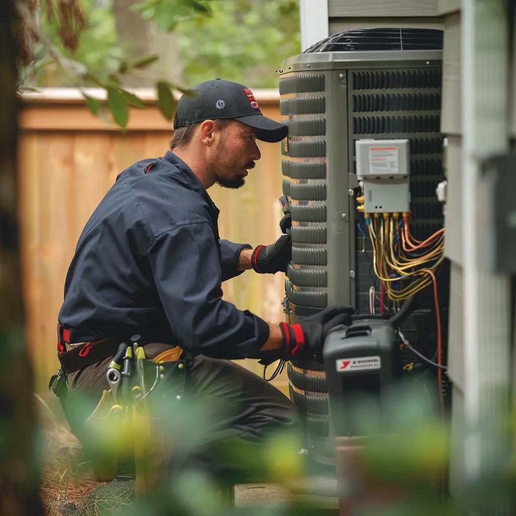 HVAC technician performing maintenance on an air conditioning unit, surrounded by tools, emphasizing professional service and efficiency in West Chester, PA.