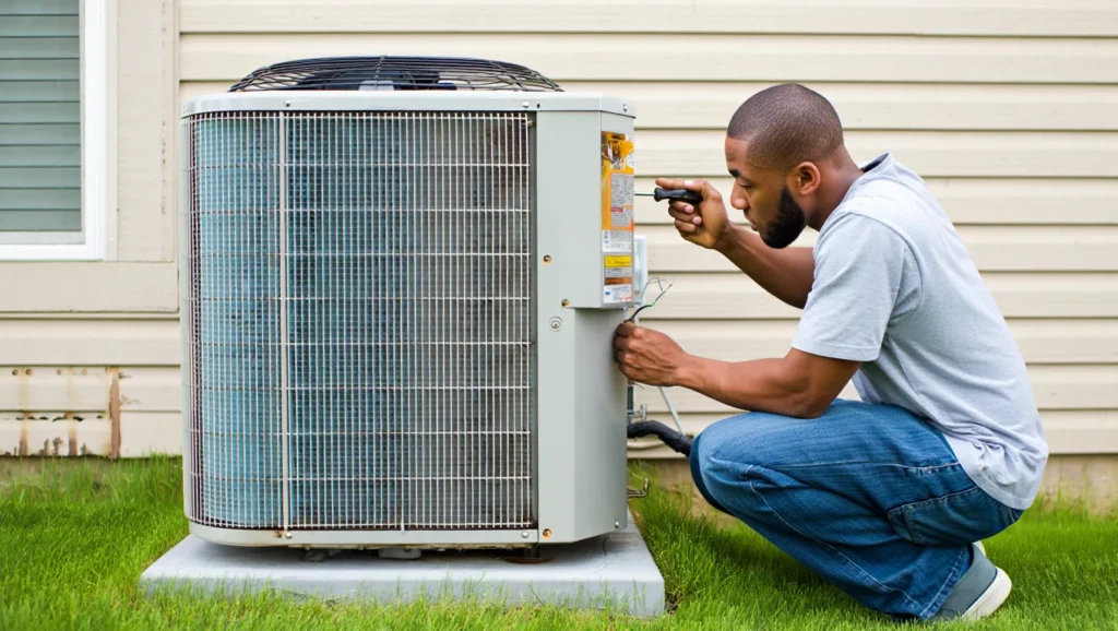 Man performing maintenance on an outdoor air conditioning unit, inspecting components and ensuring optimal performance for home cooling systems.