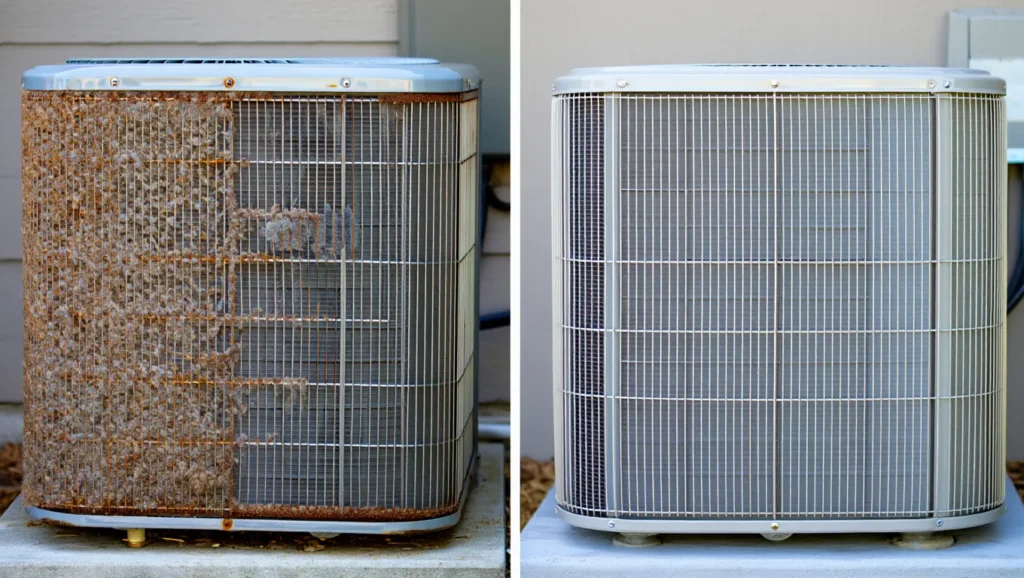 Air conditioning unit comparison showing one side heavily dirty and rusted, while the other side is clean and well-maintained, illustrating the importance of regular maintenance for optimal HVAC performance in West Chester.
