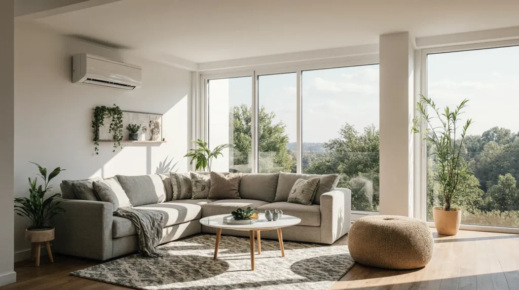 Modern living room featuring a comfortable gray sectional sofa, air conditioning unit mounted on the wall, large windows with scenic views, decorative plants, and a round coffee table, reflecting a stylish and inviting atmosphere for home comfort.
