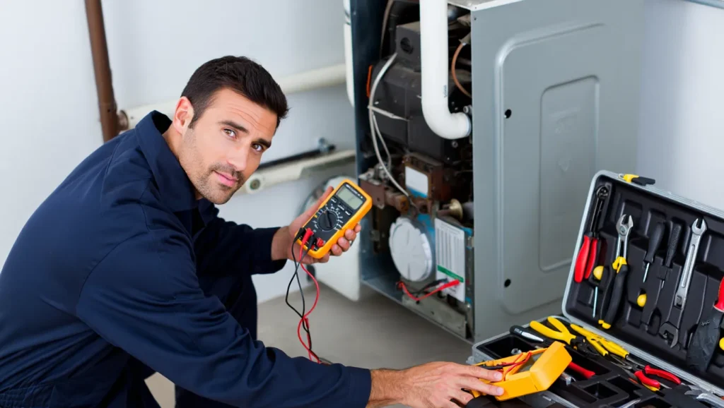 HVAC technician in West Chester, PA, using a multimeter to inspect a furnace. Toolbox with tools visible. Heating and cooling repair service.