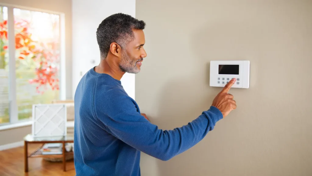 Man setting home security system. Homeowner activating alarm system on wall panel. Security system installation in West Chester, PA.