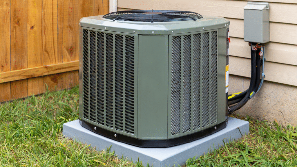 Outdoor heat pump unit on a concrete slab. Heat pumps heat homes well in West Chester, PA, even if they feel less warm than other heating systems.