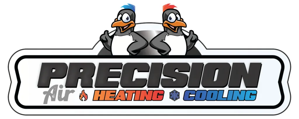 Precision Air Heating and Cooling logo featuring two cartoon penguins. Air conditioning and heating services in West Chester, PA.