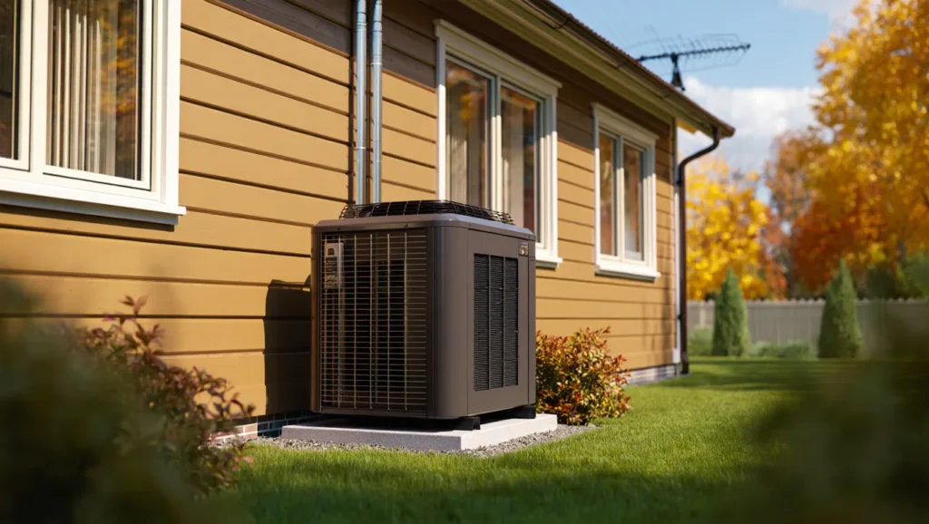 Air conditioning unit outside a home. HVAC system for residential cooling. Air conditioner on a concrete slab. Home AC unit. West Chester, PA.