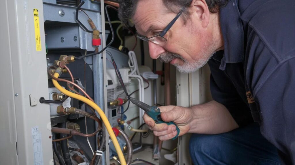homeowner working on a furnace repair