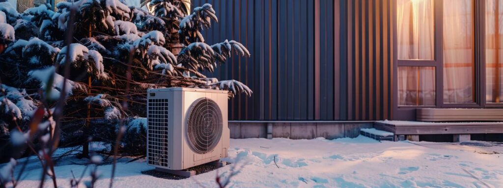 Outdoor heat pump unit in snowy setting, demonstrating winter readiness for home heating solutions.