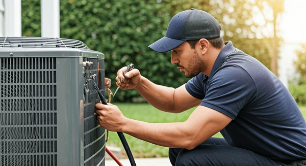 HVAC technician in polo shirt and cap performing maintenance on an air conditioning unit in a residential setting, emphasizing expert service and home comfort solutions.