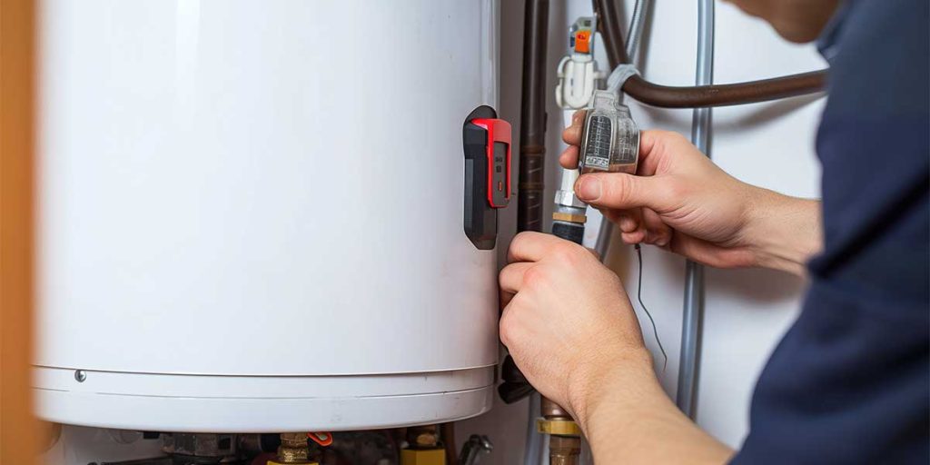 Water Heater Installation: Technician working on the plumbing connections of a modern water heater, ensuring proper fitting for optimal performance.