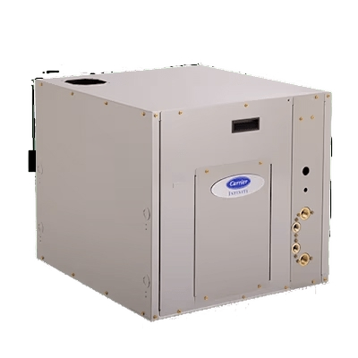 Carrier packaged heat pump unit, showcasing efficient design for space-saving HVAC solutions in residential settings.