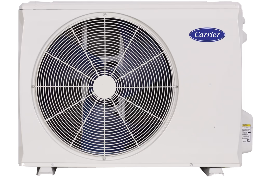 Carrier outdoor unit of a ductless mini-split heat pump, showcasing the fan and branding, relevant to high-efficiency HVAC solutions for optimal comfort and energy savings.