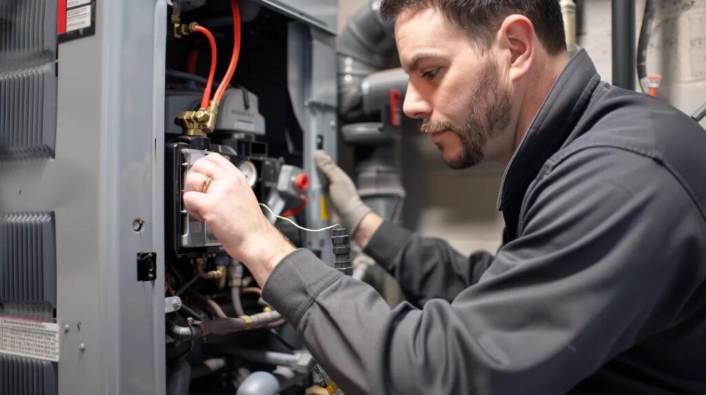 Technician preparing a residential furnace for winter in Berwyn, ensuring efficient heating and safety through expert maintenance and inspection.