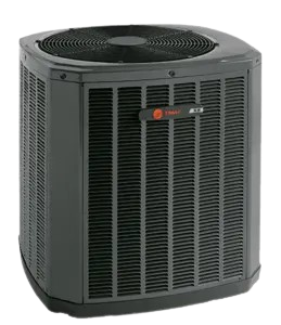 Emergency Heating: Close-up of a dark gray Trane central air conditioning unit, showcasing its louvered design and cooling fan on top.