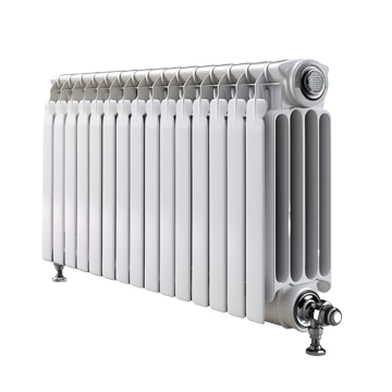 Emergency Heating: Close-up of a white, cast-iron radiator with multiple sections, showcasing heating efficiency in West Chester, PA.