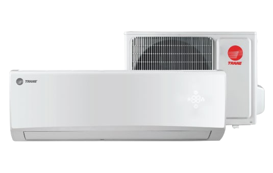 Ductless heating system wall unit and outdoor condenser from Trane, showcasing efficient heating solutions for residential spaces.