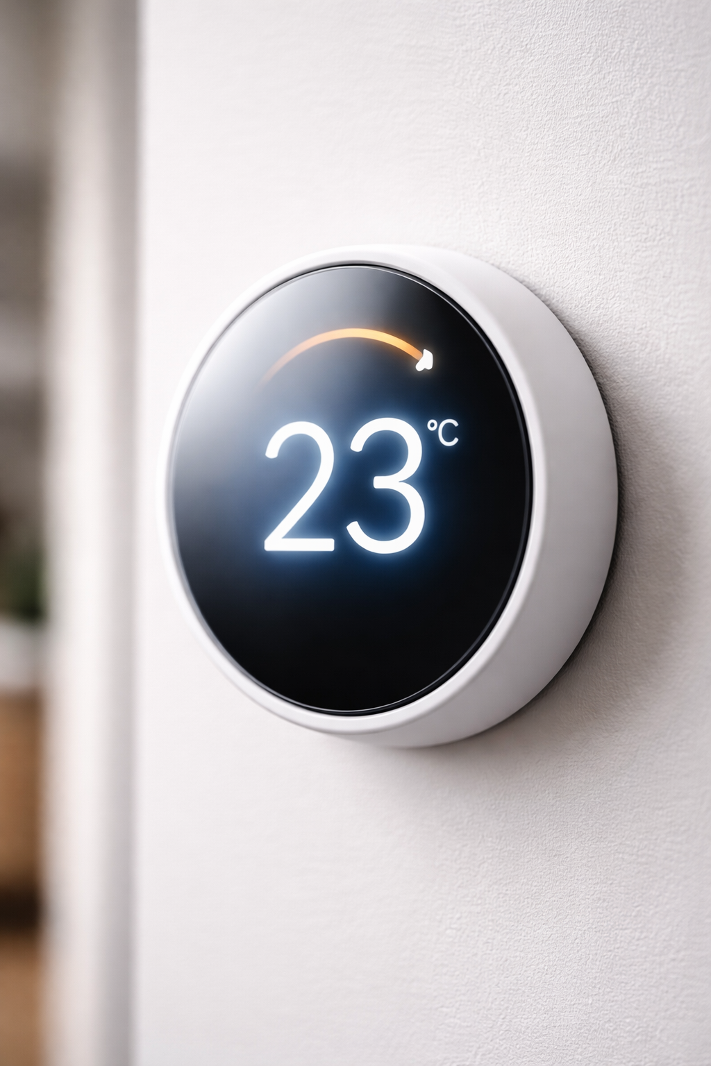 Smart thermostat displaying 23&deg;C on a white wall. Beat the Heat: Control upstairs temperature to fix warmer rooms. West Chester, PA.