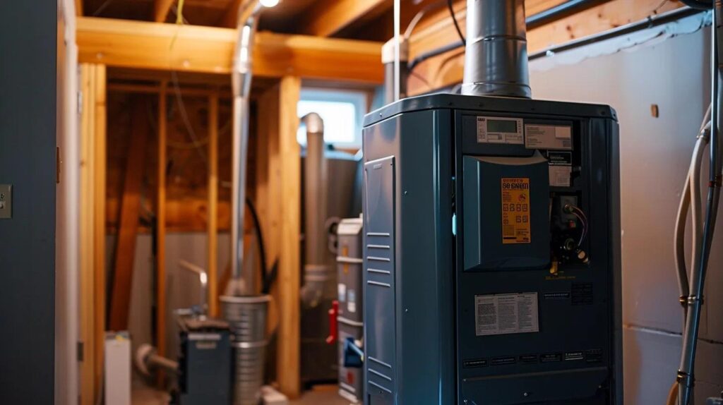 Furnace installation in a residential basement, showcasing HVAC system components and ductwork, relevant to heating repair services in West Chester, PA.