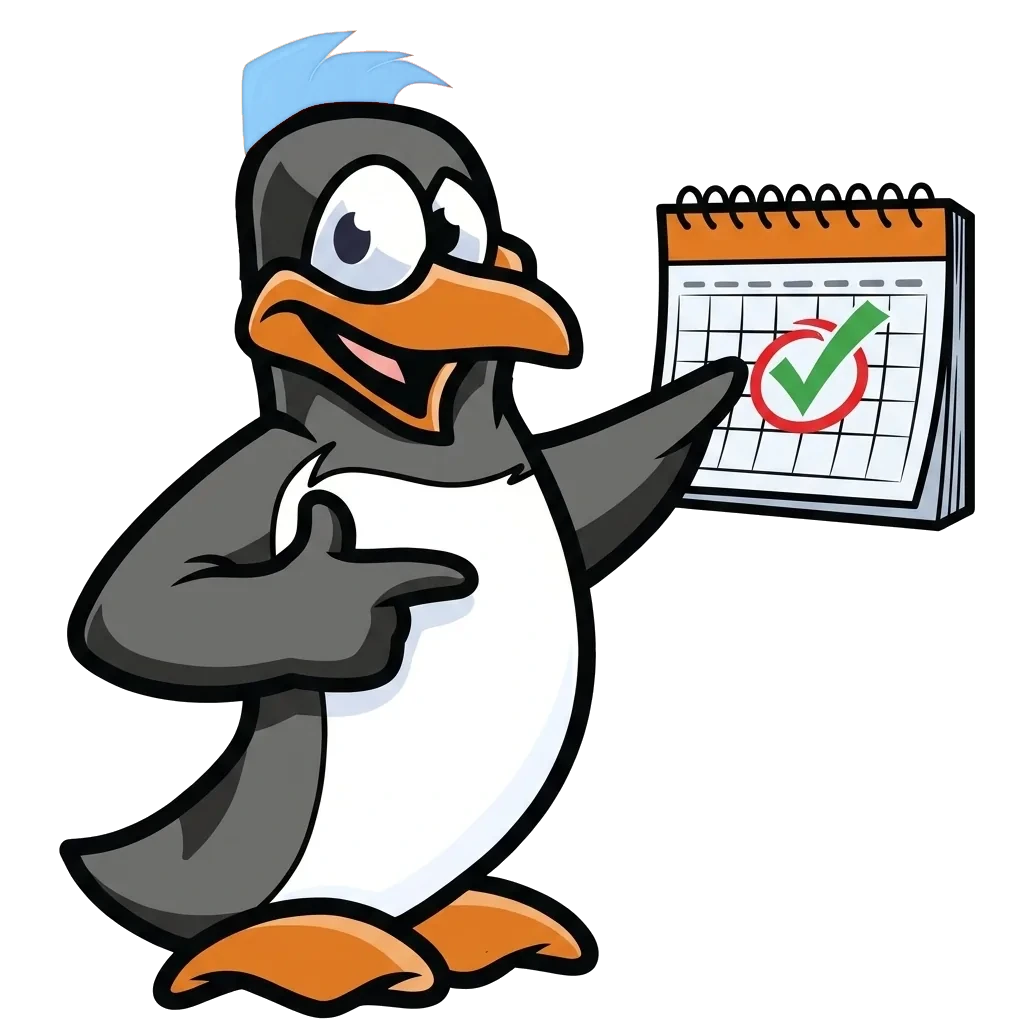 Precision Air penguin mascot pointing to a booked day on the calendar