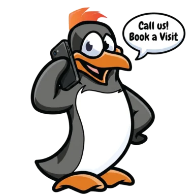 Precision Air penguin mascot on the phone with a Call us! Book a Visit speech bubble