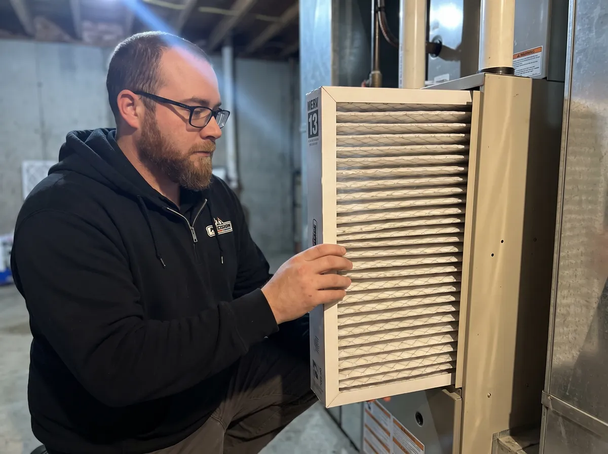 Precision Air technician installing a MERV 13 media air filter in a home furnace