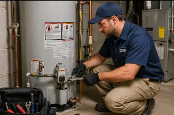 Precision Air technician servicing the gas valve on a tank water heater