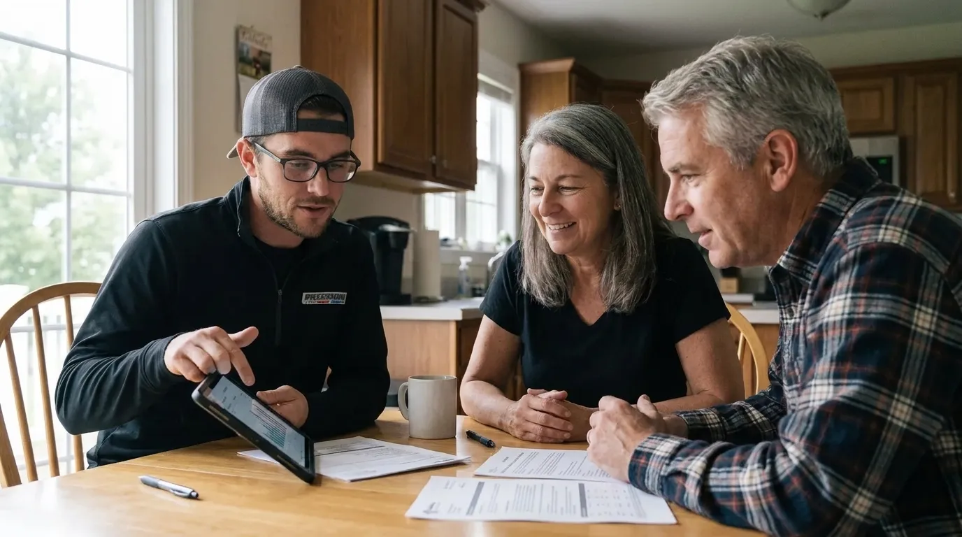 A Precision Air estimator going over written HVAC pricing with a homeowner at their kitchen table in Chester County, PA